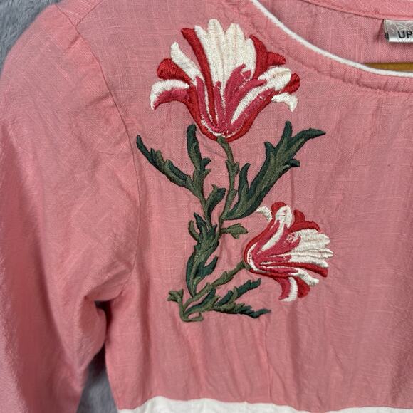 Vtg‎ Linen Women’s Dress Pink Floral Embroidered Cottagecore S Feminine Retro - Picture 3 of 9